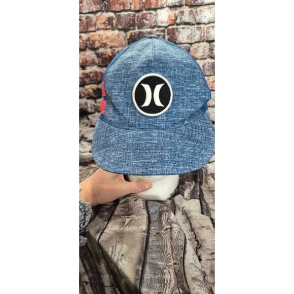 Hurley Snapback Mesh Trucker Hat 2 Stripe Denim Blue Red Baseball Cap Patch EUC - Picture 1 of 4